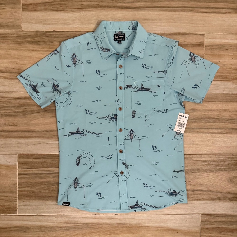 Pelagic‎ Mens Dockside Stretch Woven Trollin Fishing Shirt Blue Small 1016242000